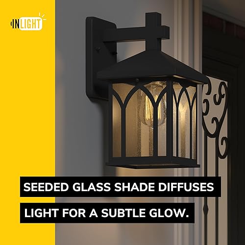 Miniatura 3 de Inlight Farol de pared para exteriores de 11 4/5" de alto acabado negro y vidrio sembrado (juego de 2), bombilla no incluida, IN-0603-1-BK