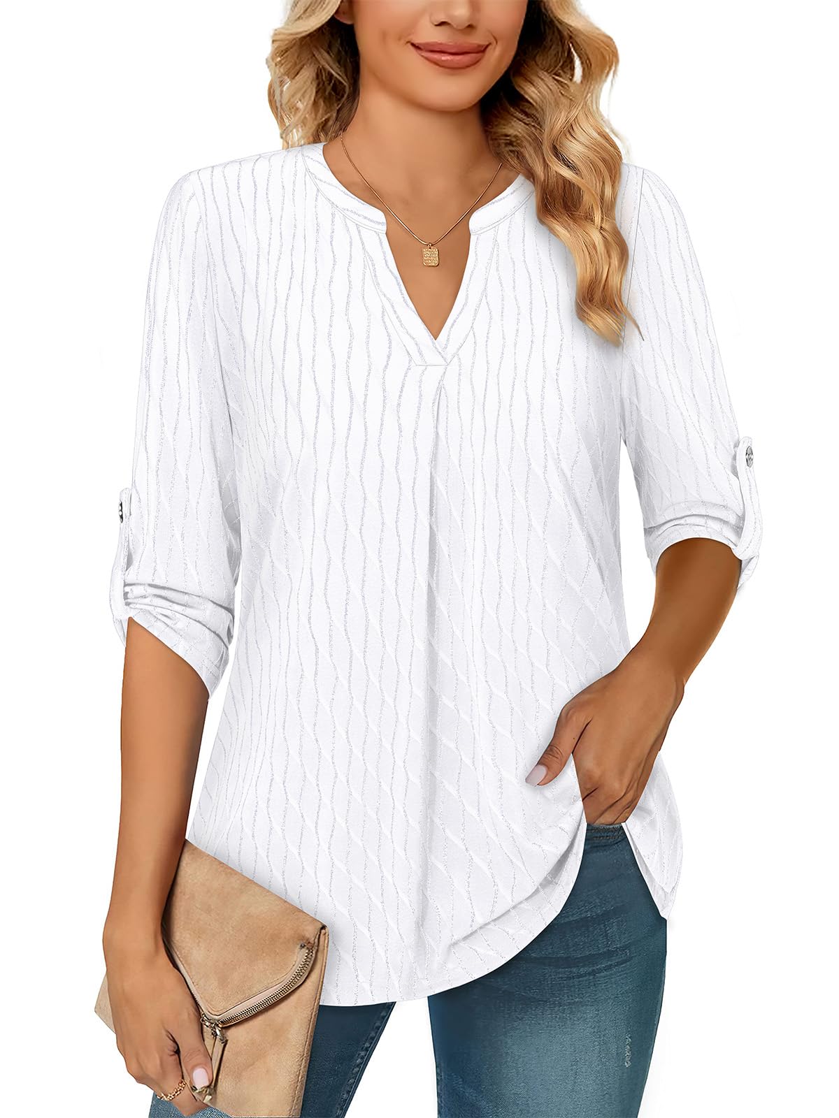 Siddhe Damen V-Ausschnitt Bluse 3/4 Ärmel Oberteile Tunika Tops Locker Longshirt Lässige T-Shirt Langarm Hemd