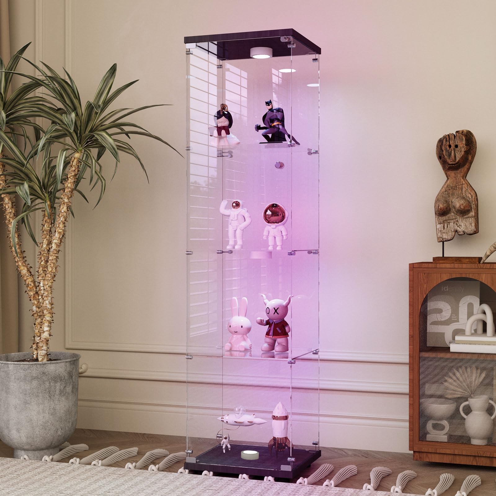 Yoluckea 4 Tiers Glass Display Cabinet with Paipai Light, 1 Door Floor Standing Curio Cabinet with Adjustable Floor Feet for Home Office Corner Display, Black Glass Bookshelf for Collections and Decor