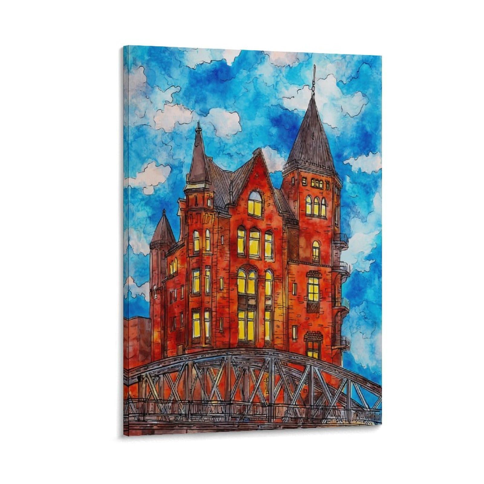 Cnaheiz Frame-Style Hamburg Germany 24X36inch(60X90cm) Vintage Travel Poster Watercolor Canvas Art