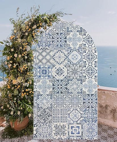 ittsmnt Fundas de fondo de arco de porcelana, decoración de fiesta mediterránea, azulejos azules arqueados para fotografía, cubiertas de soporte