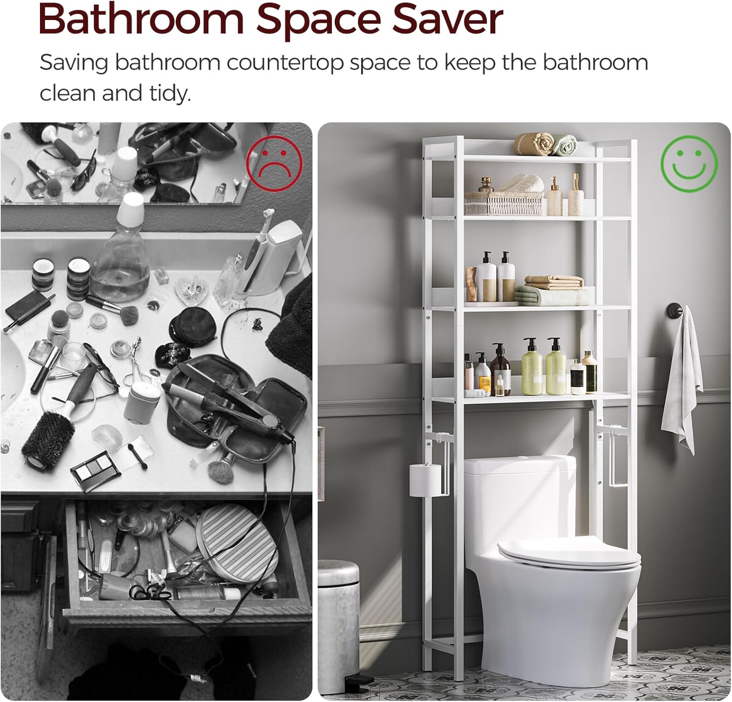 MAHANCRIS Over The Toilet Storage Rack, 4 Tier Bathroom Organizer Over Toilet, Freestanding Space Saver Toilet Stand with 2 Hooks, Bathroom Storage Shelf, Easy to Assemble, White TSBW0401