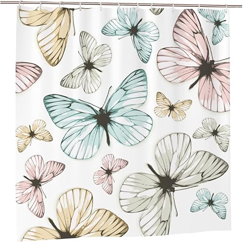Cortina de ducha de plástico con diseño de mariposas coloridas, 72 x 72 pulgadas, cortinas de ducha extralargas para baño, juego con ganchos,