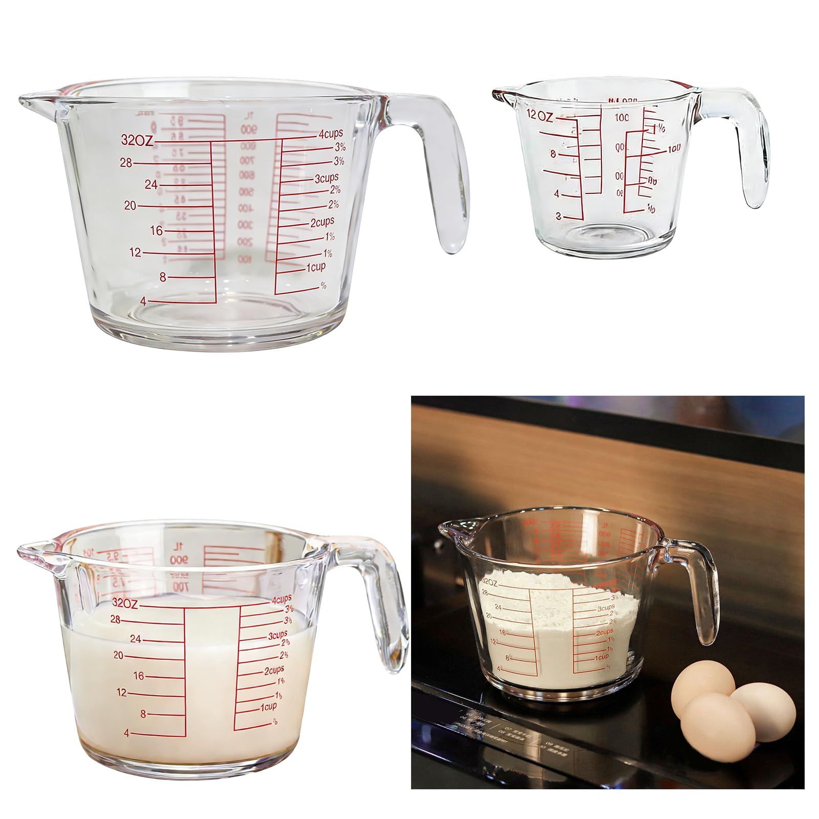 de 3 tazas medidoras de vidrio, agarre antideslizante | Escala precisa y construcción a prueba de calor para uso a altas temperaturas y marcado claro para hornear cocinar