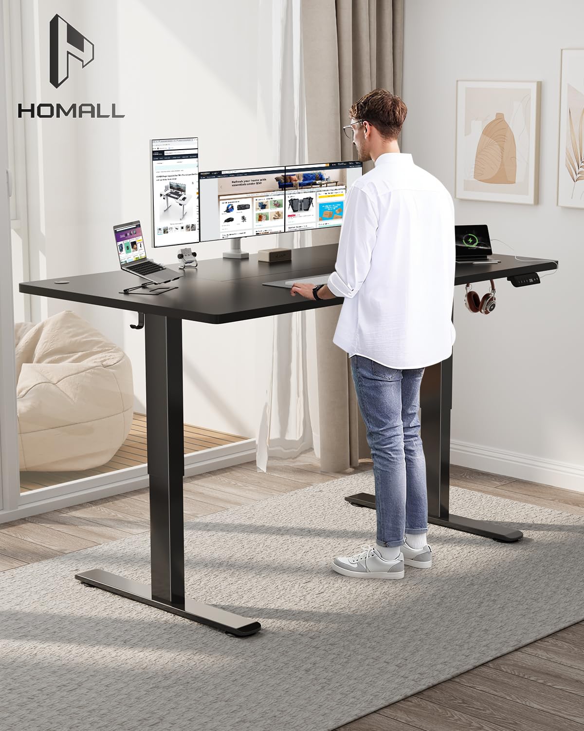 Homall Scrivania elettrica regolabile in altezza, 160 x 80 cm, due supporti telescopici estendibili, con piano diviso in quattro parti, scrivania per computer con funzione memoria