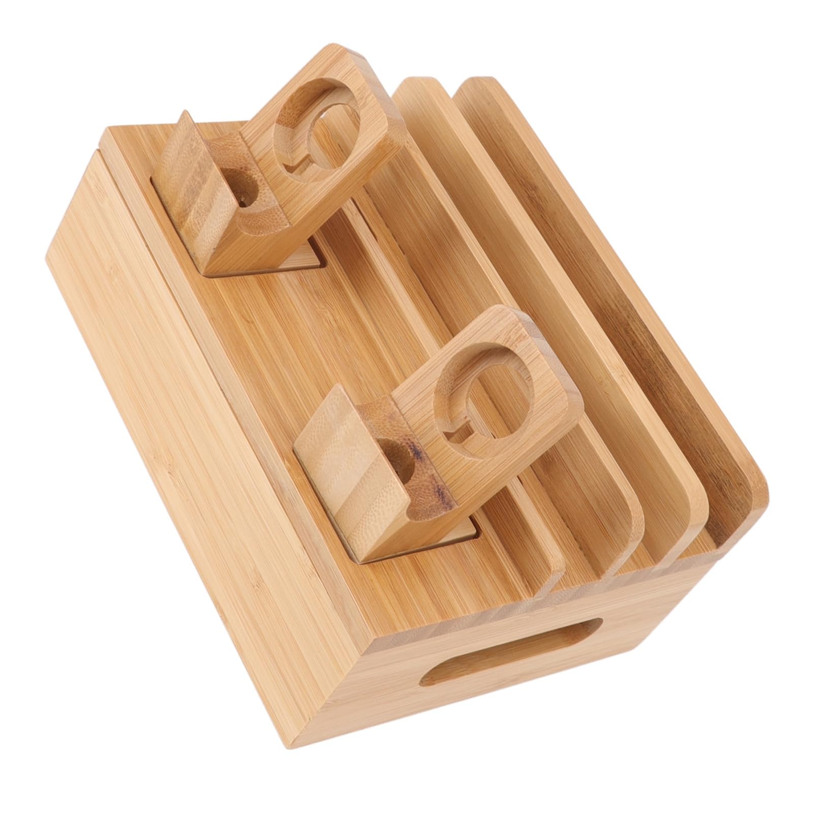 Station de Chargement en Bambou 5 Ports, Support de Station de Charge Compatible avec Les Téléphones, Tablettes, Montres, Fond Antidérapant pour Un Espace sans Encombrement 4,4 X 5,1 X 6,7