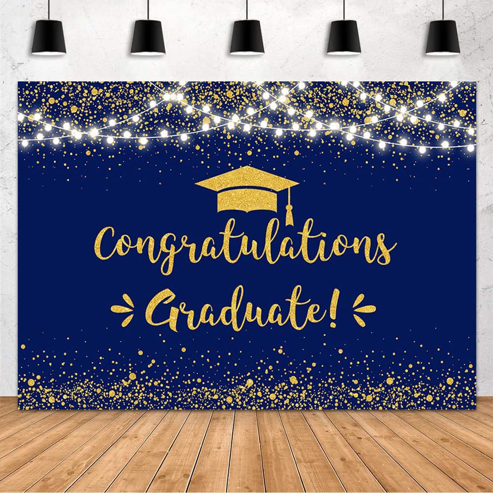 MEHOFOND 10x7ft Congratulation Graduate Backdrop Class of 2026 Graduation Party Decorations Background Blue Gold Congrats Grad Decor Banner