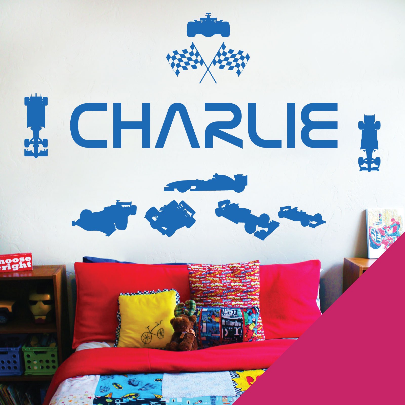 Personalised Name Children Wall Art Sticker - Racing Driver Formula 1 Cars Sport [Medium] [Magenta]