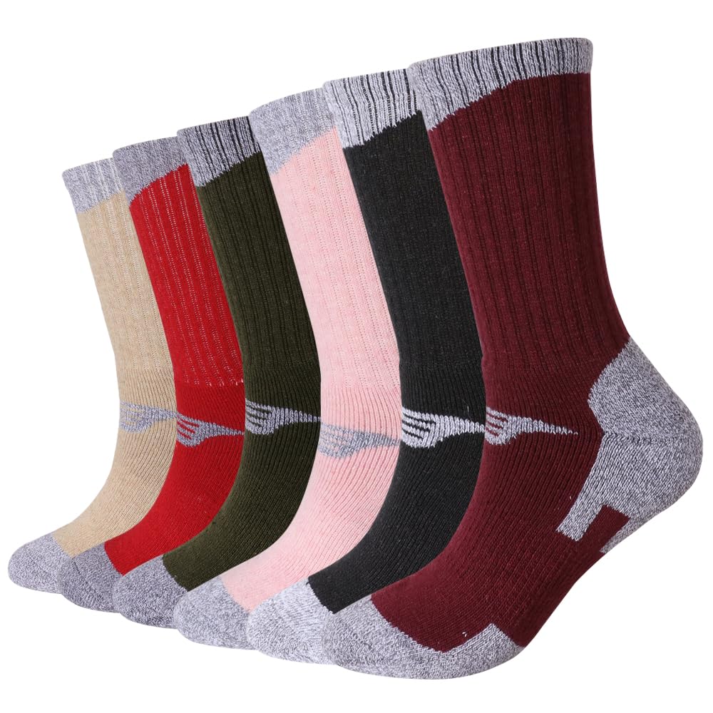 EnerWear 6 Pack Women's Wool Outdoor Hiking Trail Crew Sock (US 9-11, Wine/Black/Pink/Multi)
