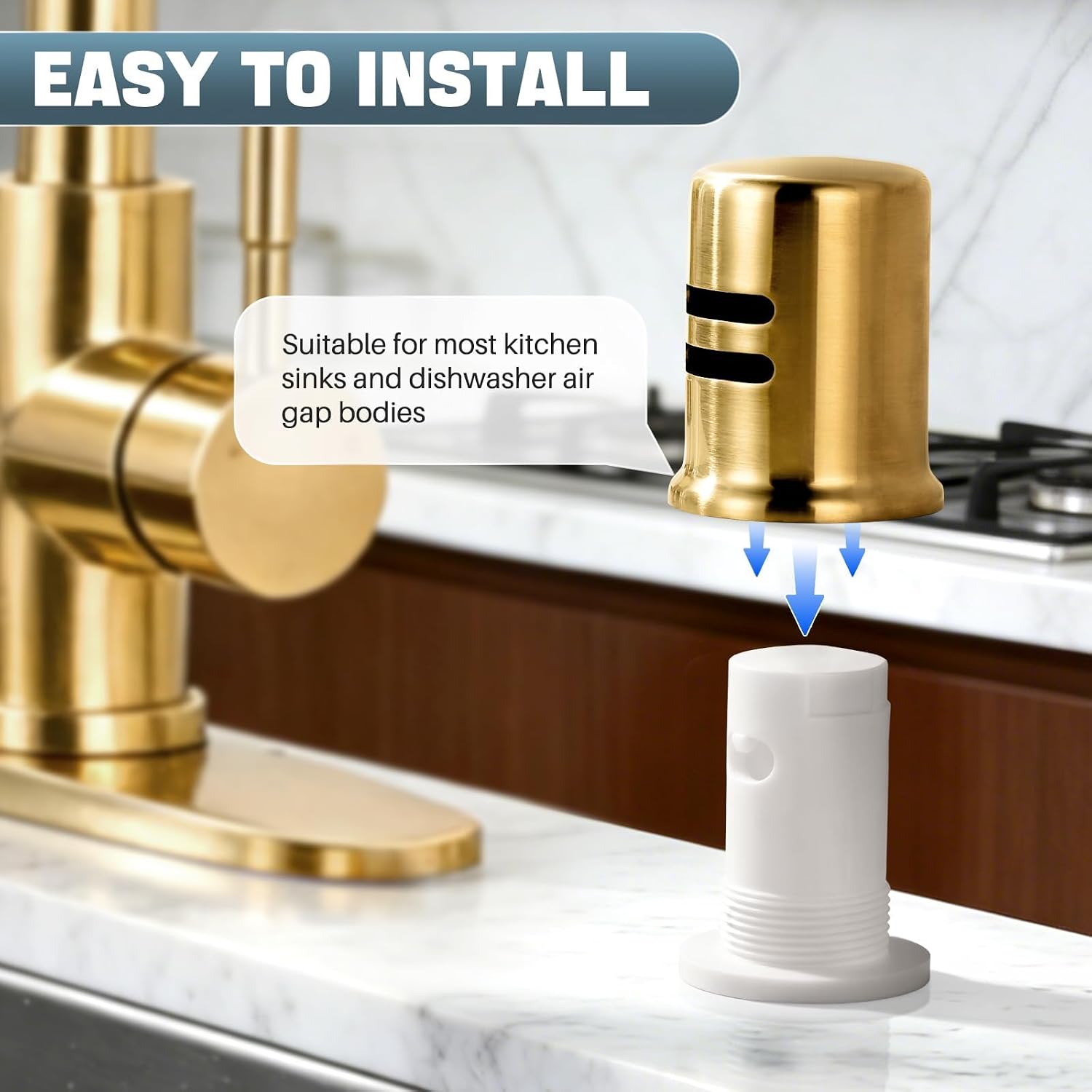 Dishwasher Air Gap Cover for Kitchen, Solid Brass Air Gap Cap with Skirted Design, Dishwasher Overflow Vent Cap Replacement Only, Brushed Gold