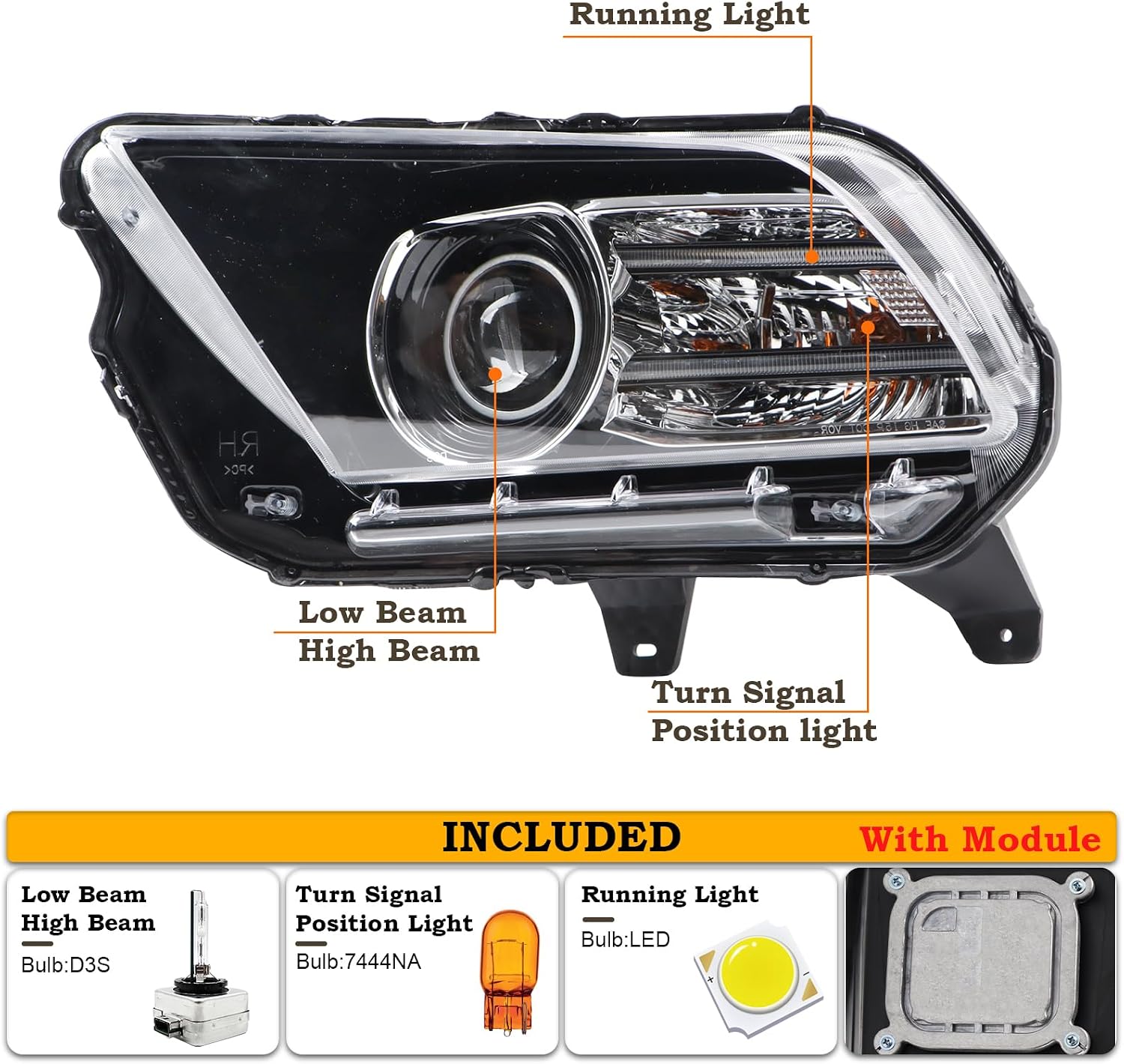 LH HID/Xenon Headlight Assembly Fit for 2013 2014 Ford Mustang Headlamp W/LED Projector W/Module W/Low High Beam Light Left Driver Side FO2518113 DR3Z13008D