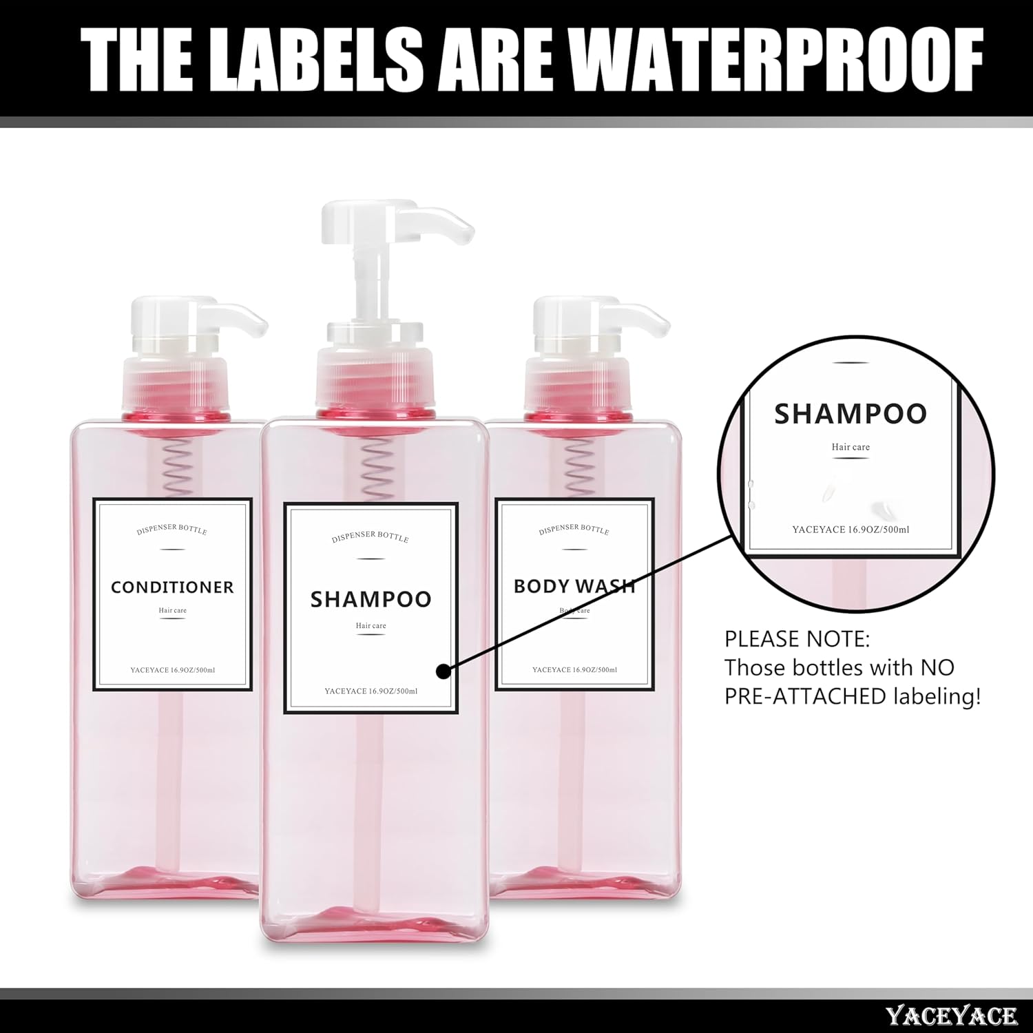 Pink Shampoo and Conditioner Set of 3, 16.9oz Clear Shampoo Bottles with Pump Dispenser, Body Wash Dispenser, Shower Bottles - Image 2