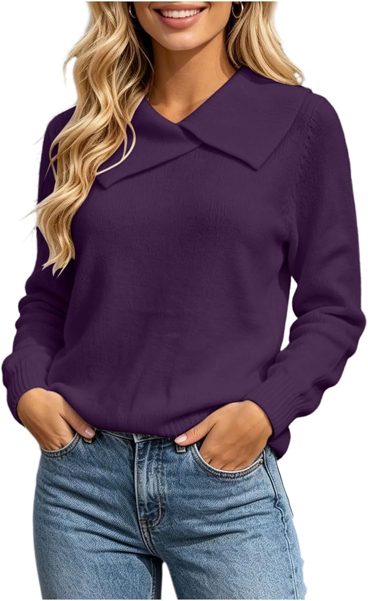 Sweaters for Women Long Sleeve Asymmetrical Lapel Collar Tops