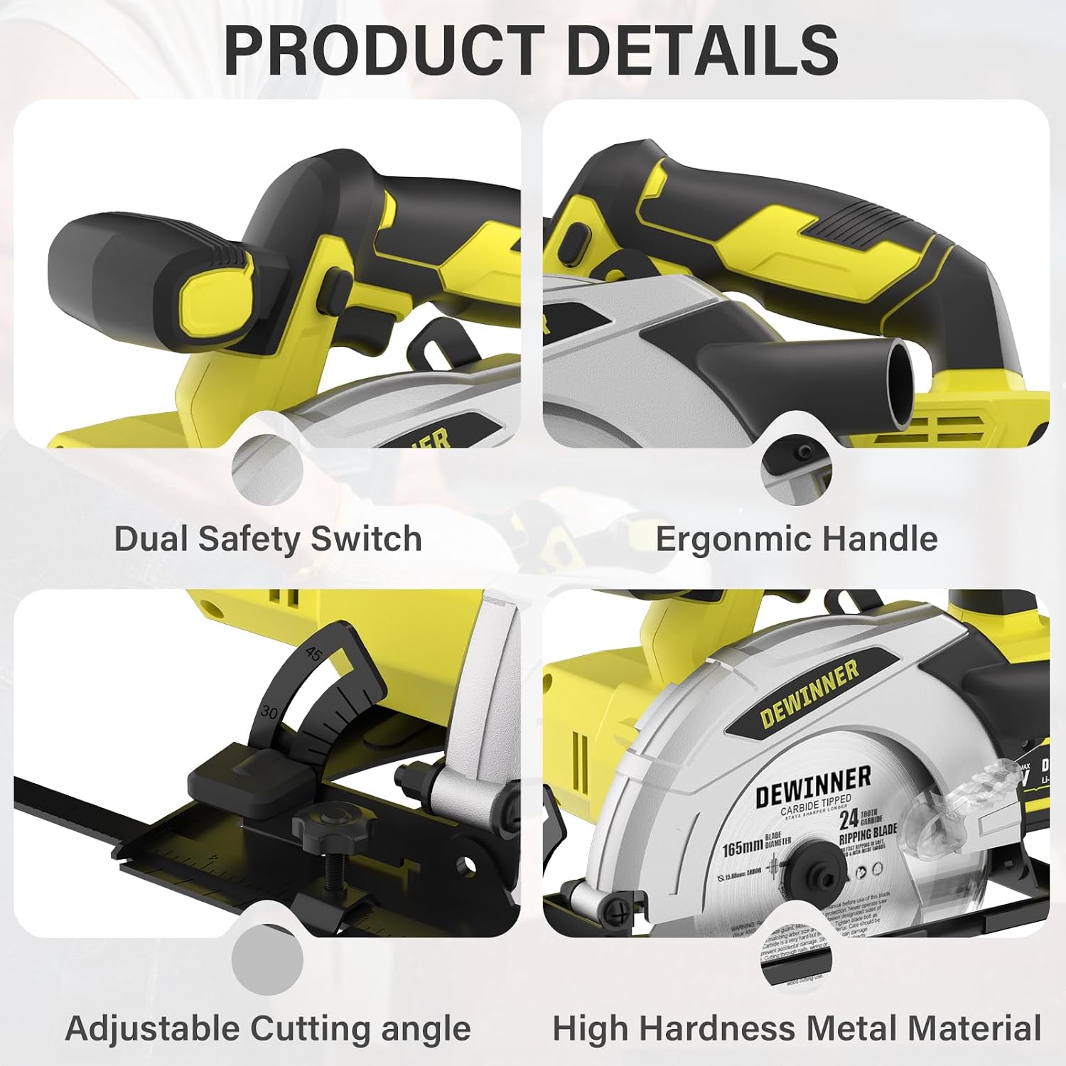 Detallada view of DEWINNER circular saw features