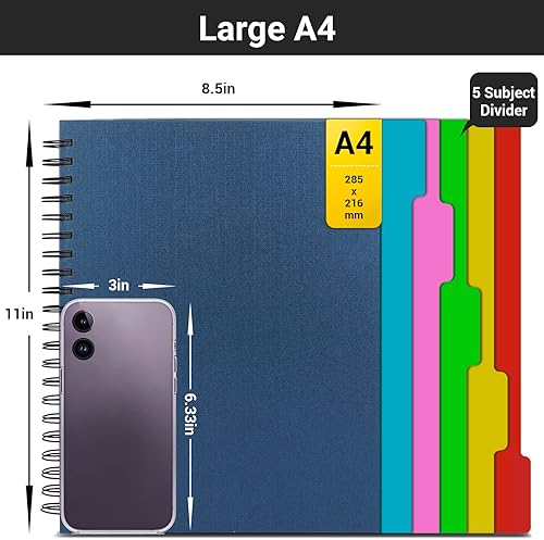 Miniatura 2 de EUSOAR Cuaderno de 5 materias con rayas universitarias, 3 blocs de escritura en espiral A4 de 11 pulgadas x 8-12, tapa dura gruesa, 100GSM, 120