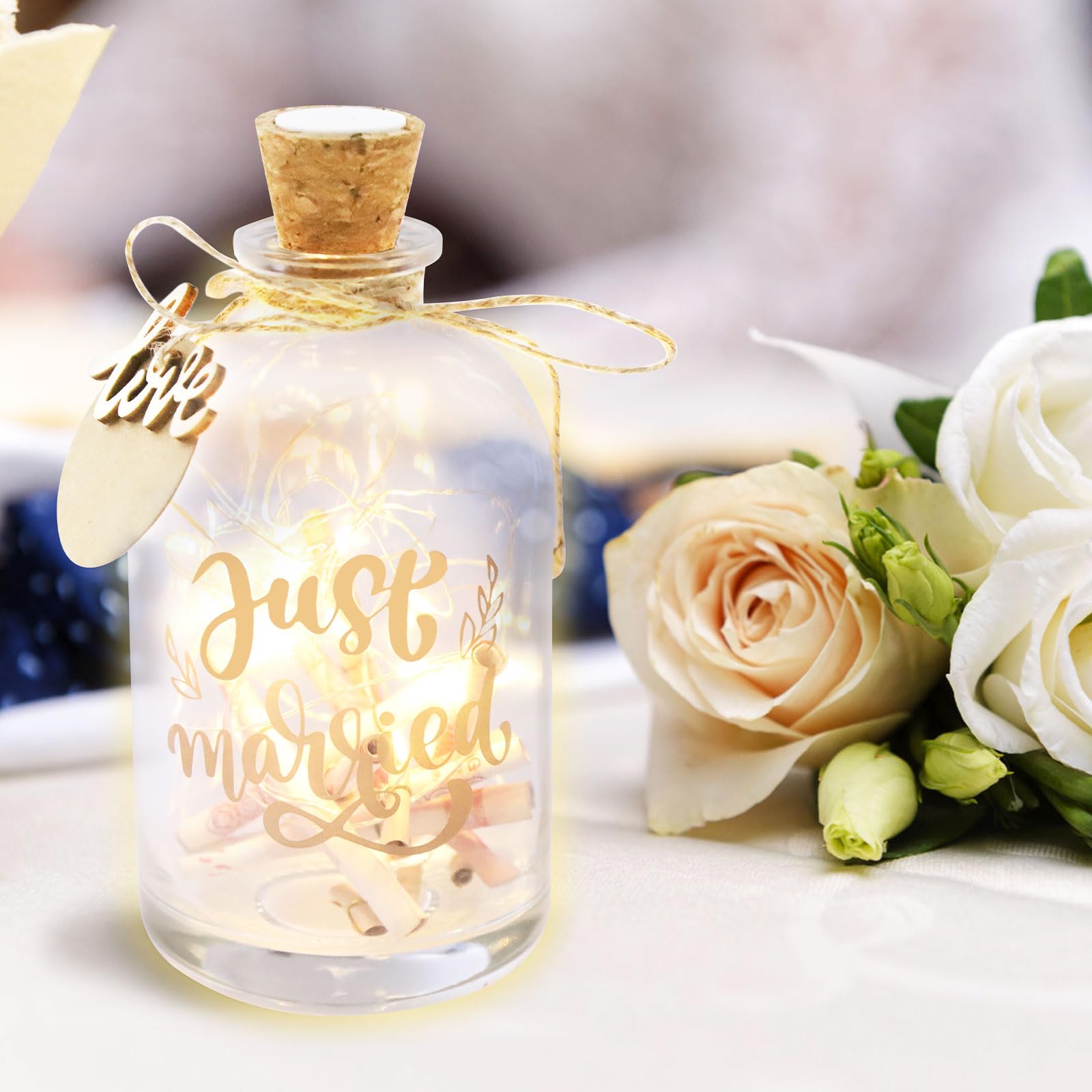 Bottiglia Luminosa LED Per Regalo Matrimonio "Just Married" - Luce Calda Con Tappo In Sughero, Bomboniera Salvadanaio