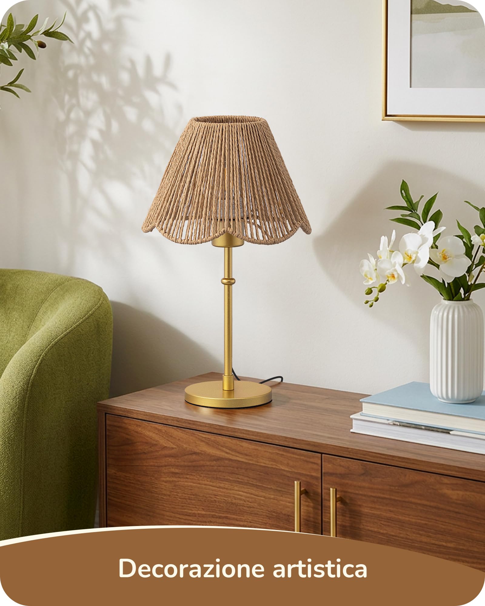 EDISHINE Lampada Tavolo E27, Paralume Corda Carta, Base Metallo Dorata | Bianco Caldo 2700 K, Paralume in Corda Carta Intrecciata a Mano, Lampadina LED Inclusa, Decorativo per Camera, Soggiorno