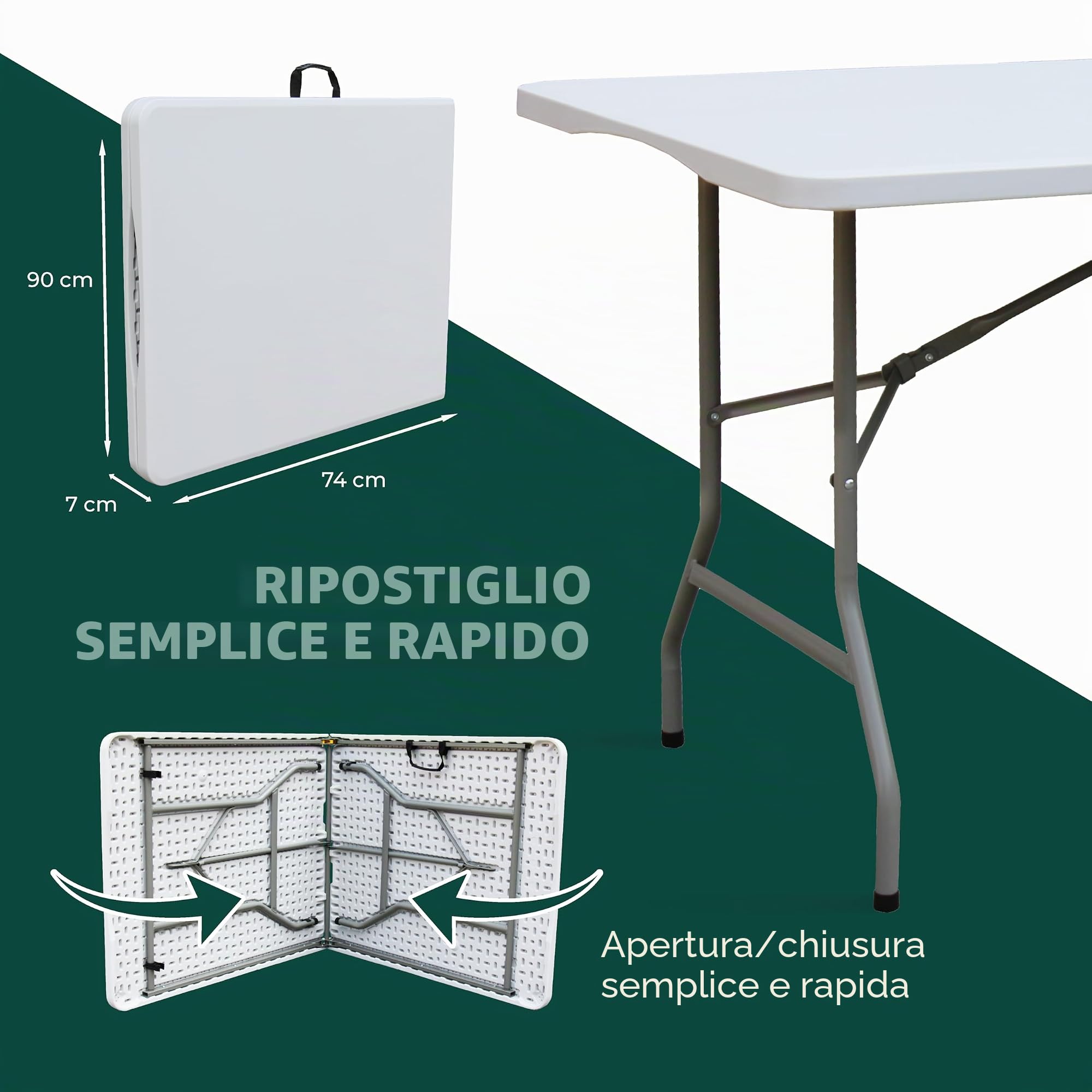 KAMBERG® - Tavolo pieghevole 180 x 74 x 74 cm - rettangolare bianco per 6/8 persone - Tavolo da giardino - Tavolo da campeggio