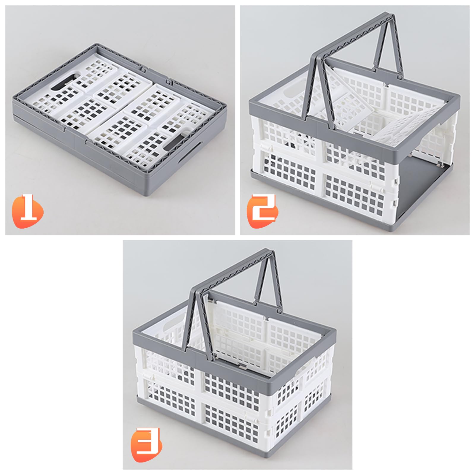15 L cesta de la compra de plástico plegable, paquete de 2 cajas de almacenamiento plegables con asas