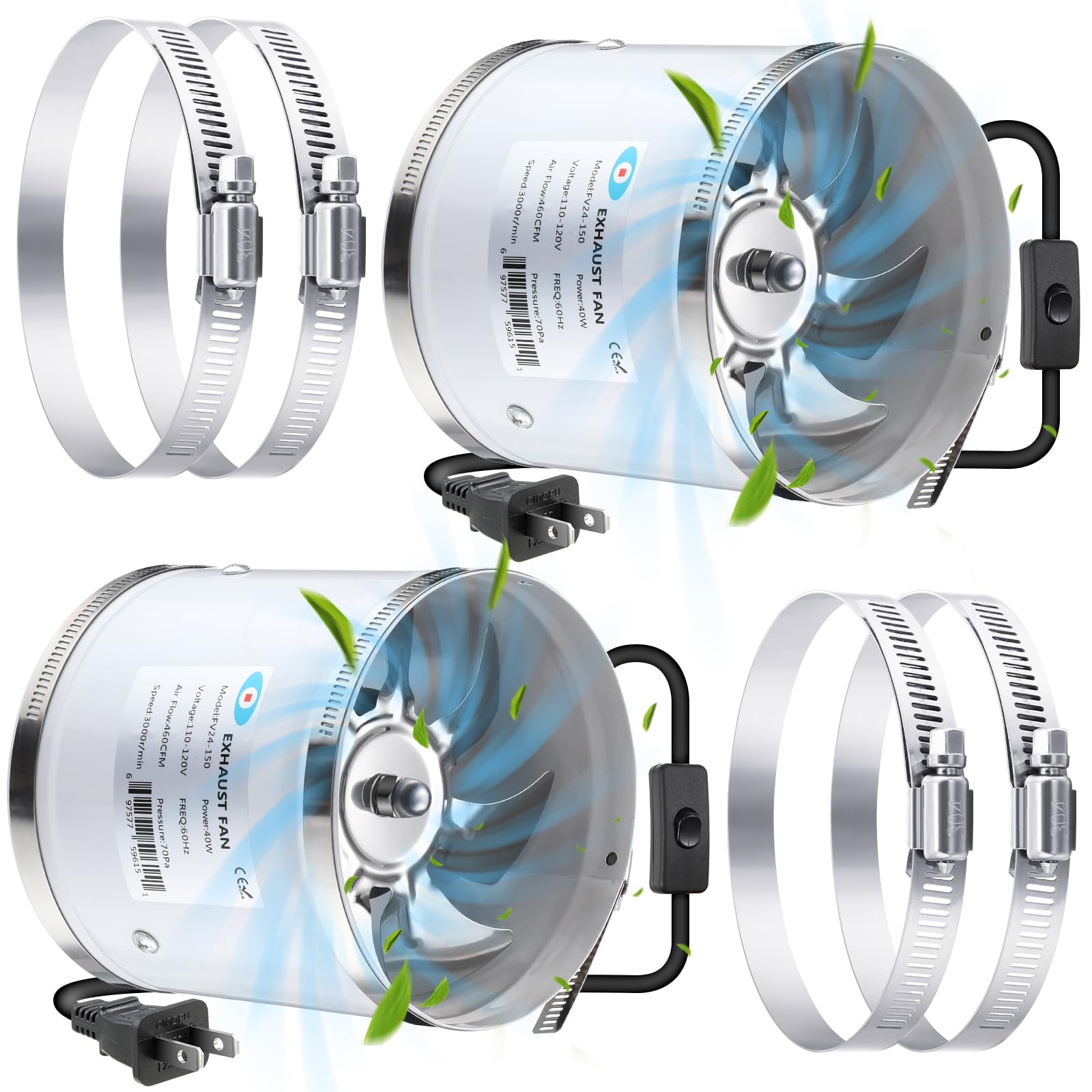 6 Inch Inline Duct Fan 460 CFM, Quiet 2-Pack Ventilation Exhaust Fans