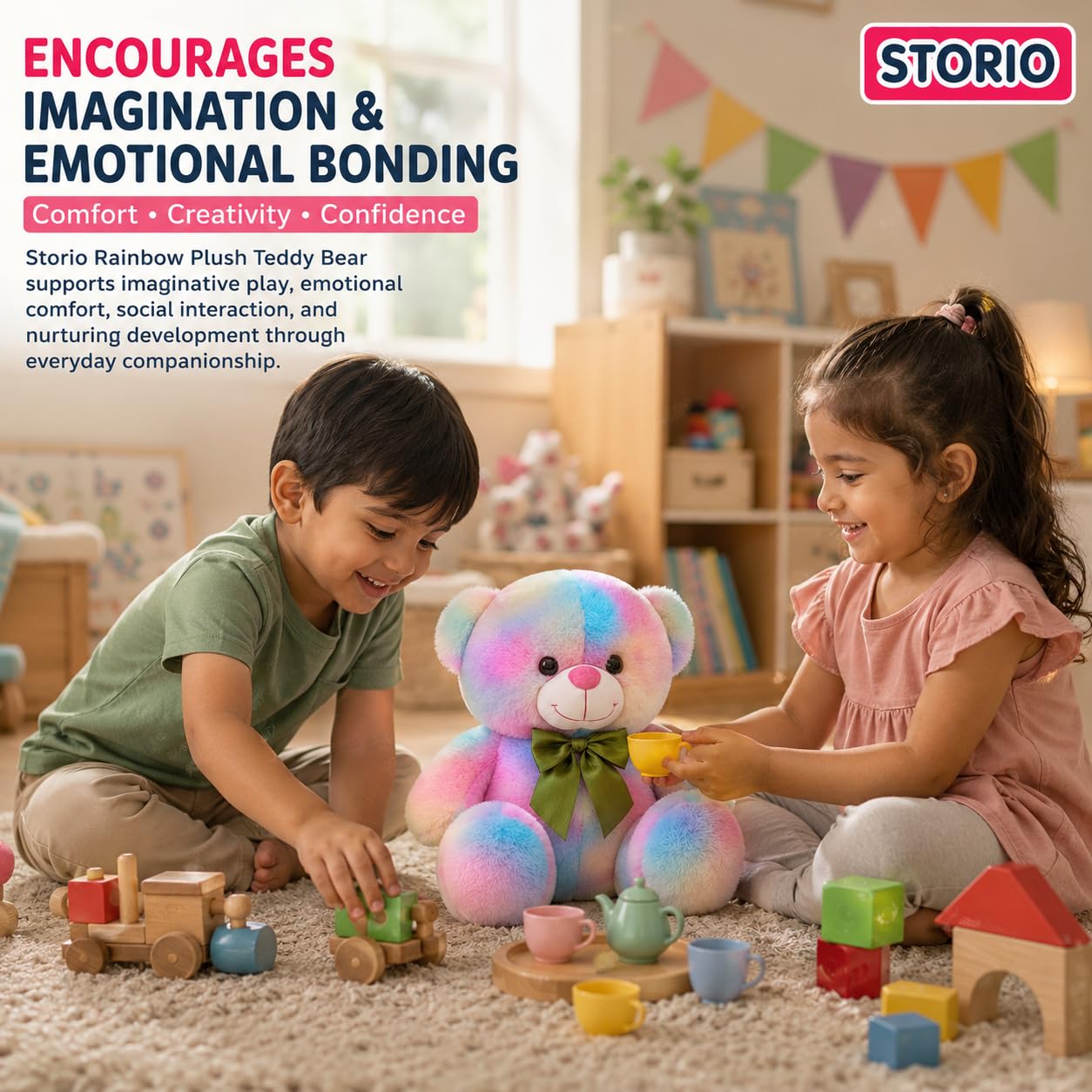 Storio Rainbow Plush Teddy Bear 30 cm – Soft Stuffed Animal Toy with Pastel Fur & Green Bow – Cute Cuddly Gift for Kids, Babies, Girls & Boys 2