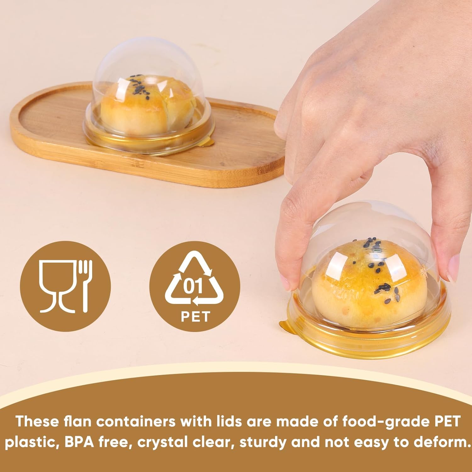 50 Pcs Mini Cake Containers with Clear Dome Lids, Clear Plastic Small Desserts Cupcake Boxes for Individual Chocolate Covered Cookies, Strawberry, Mooncake，Cheesecake, Cocoa Bomb (Gold) thumbnail