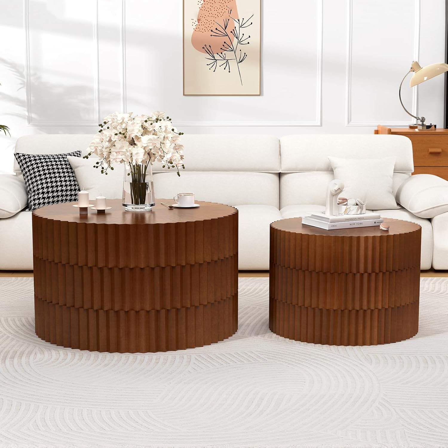 Round Wood Coffee Table Set of 2 Modern Circle Nesting Coffee Table Handcrafted Drum Nesting Table Nesting Coffee Tables for Living Room for Small Space (Walnut (D26.77+D19.68 inch))