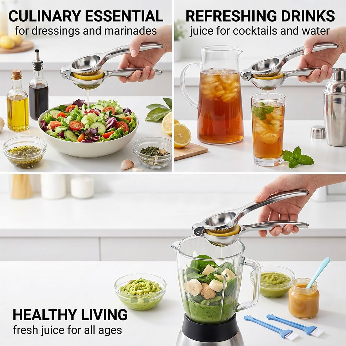 Exprimidor de Limón Manual, Acero Inoxidable, Jugo Fresco y Rico, Incluye 2 Cepillos de Limpieza, Para Hogar, Cocina y Bebidas