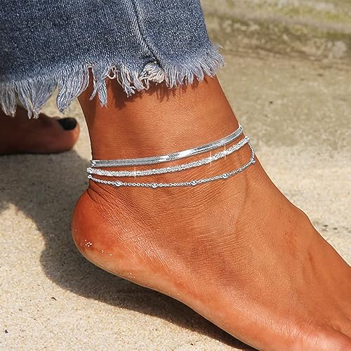 Sparkling Ankle Bracelets For Women Set,Layered Beaded Snake Chain Silver Anklet Bracelets For Women Dainty Cute Anklets For Teen Girls Beach Jewelry Gifts #TOP2