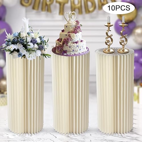 Miniatura 2 de Columnas de papel plegables, 10 pedestales de exhibición, centros de mesa de boda color blanco crema, soporte de flores cilíndricas, pilar romano de