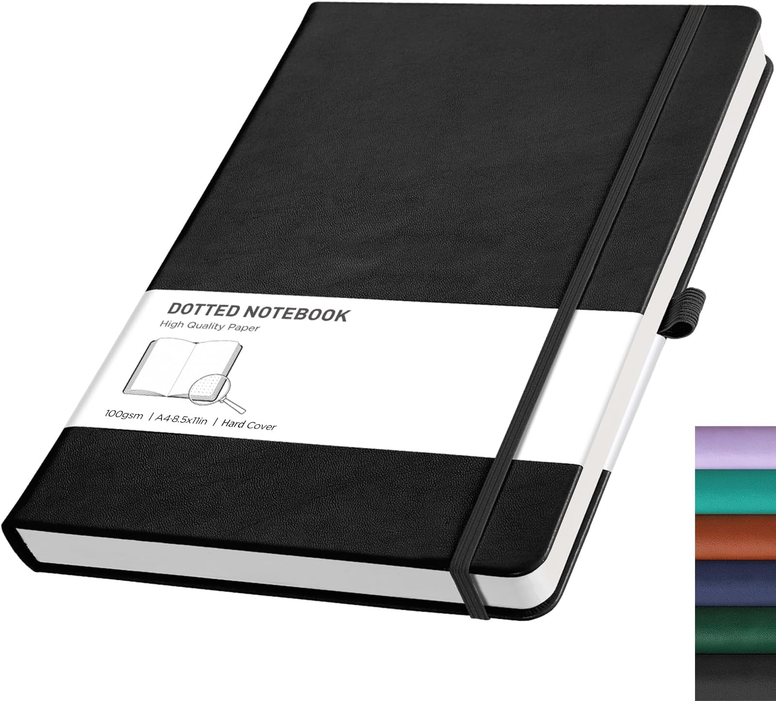 RETTACY Dotted A4 Notebook Journal -192 Pages Note Book for Bullet, Hardcover Leather Notepad with Pen Loop for Women Men Work Office School (21.5 x 27.9cm)-Black