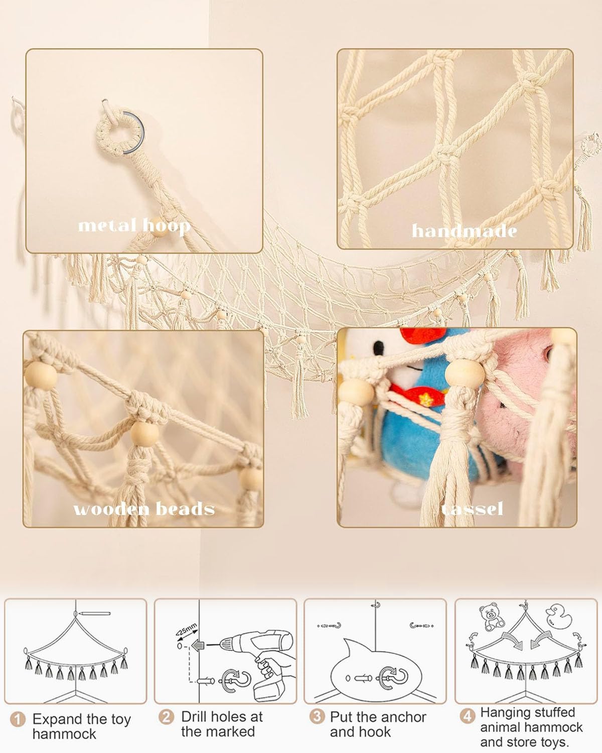 Hamac pour animaux en peluche Rangement de jouets Filet avec 3 crochets Décoration murale chambre d'enfant