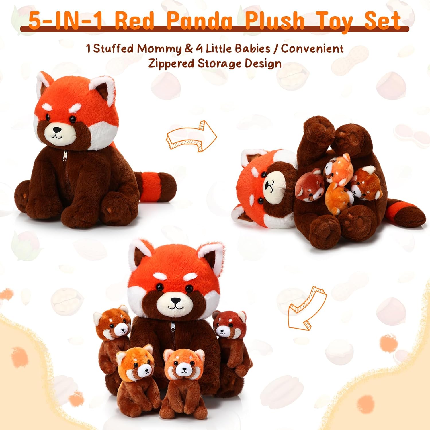 Syhood 5 Pcs Red Panda Stuffed Animal Toys Mother's Day Interactive Gifts Kids Kindergarten Family 13 Inch Mommy Plush Cute Babies in Her Belly Soft Fluffy Zippered for Boy Girl Birthday(Classic)