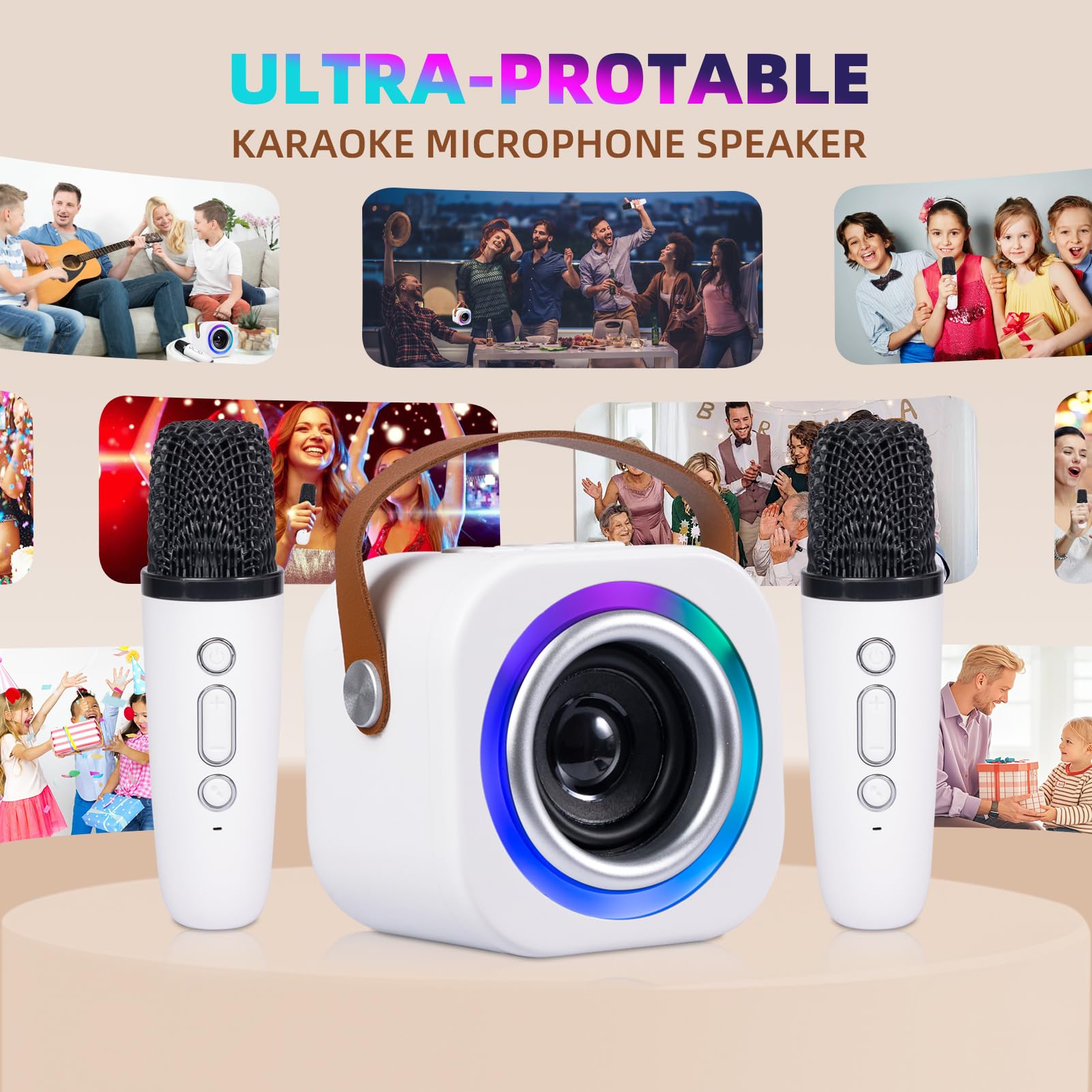 Mini máquina de karaoke para niños con 2 micrófonos inalámbricos, efectos divertidos de cambiador de voz, altavoz Bluetooth portátil con luces LED, soporte AUX/USB/TF, regalos de cumpleaños para niñas