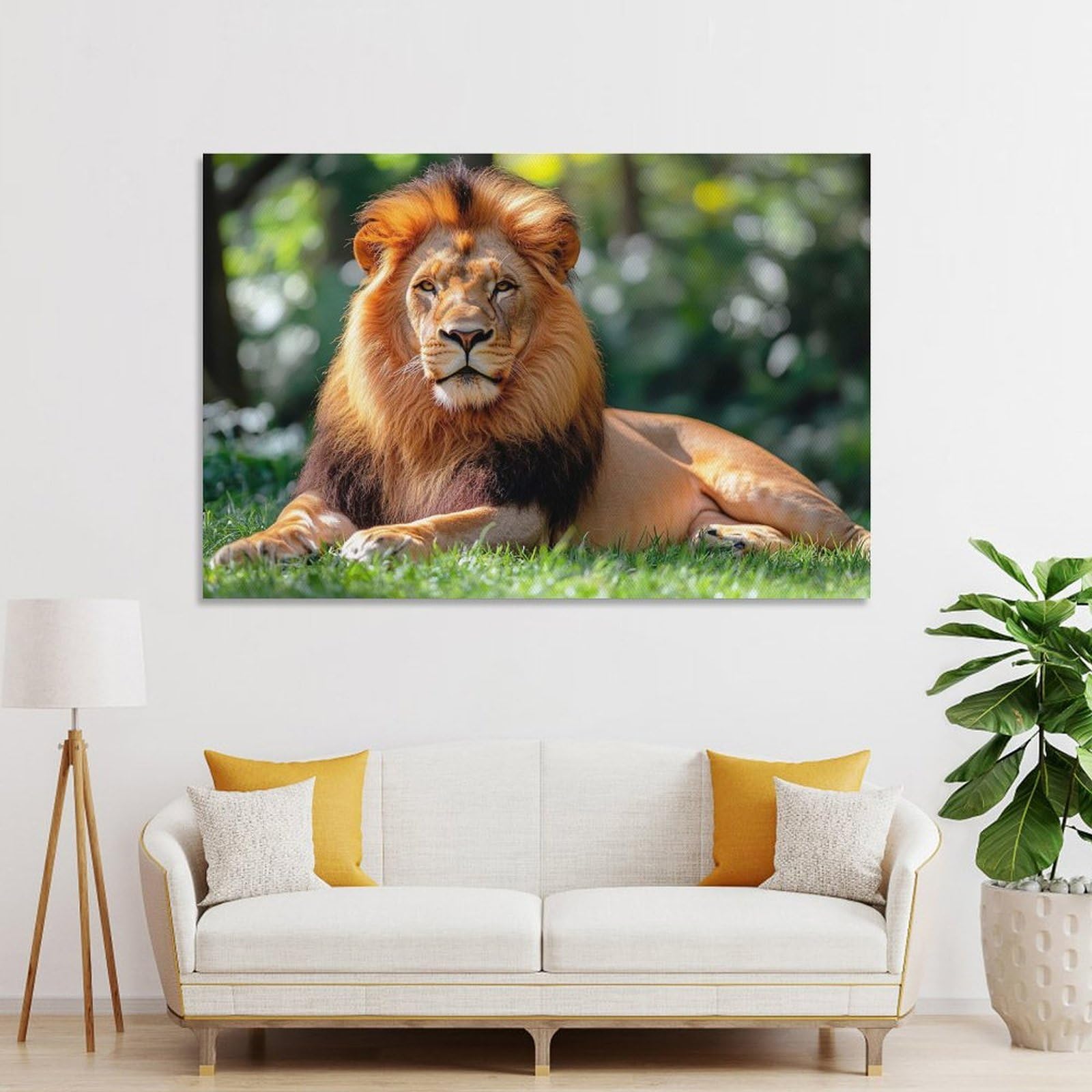 Junmoney Wall Picture Print Majestic Lion Resting in Greenery, 24x36inch(60x90cm), for Entryway, Lounge Links Or Small Walls, Home Artwork for First Impressions