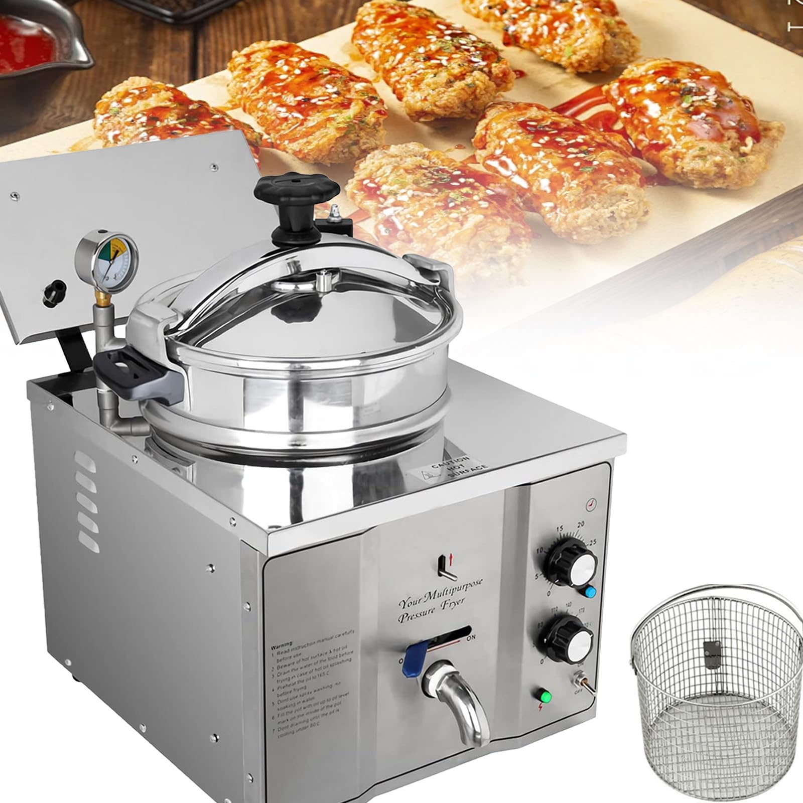 Friggitrice elettrica da banco da 16 Litri per Pollo Fritto ad Alta Pressione con Timer Incorporato, 110 V, 3 kW,Friggitrice a Pressione per Pollo Fritto