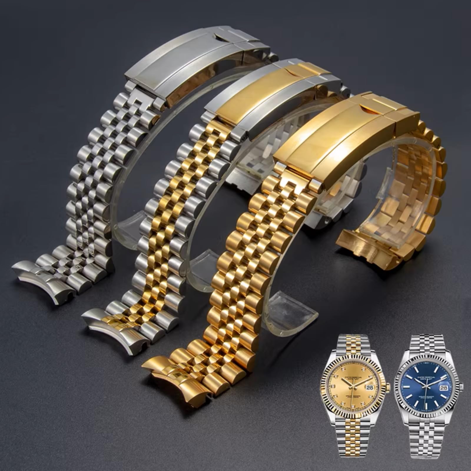 Bransoleta Zegarkowa 5 Ogniw Stal Nierdzewna Zakrzywione Końce Zapięcie Zatrzaskowe 20mm Męska Metalowa - Czarny B 20MM