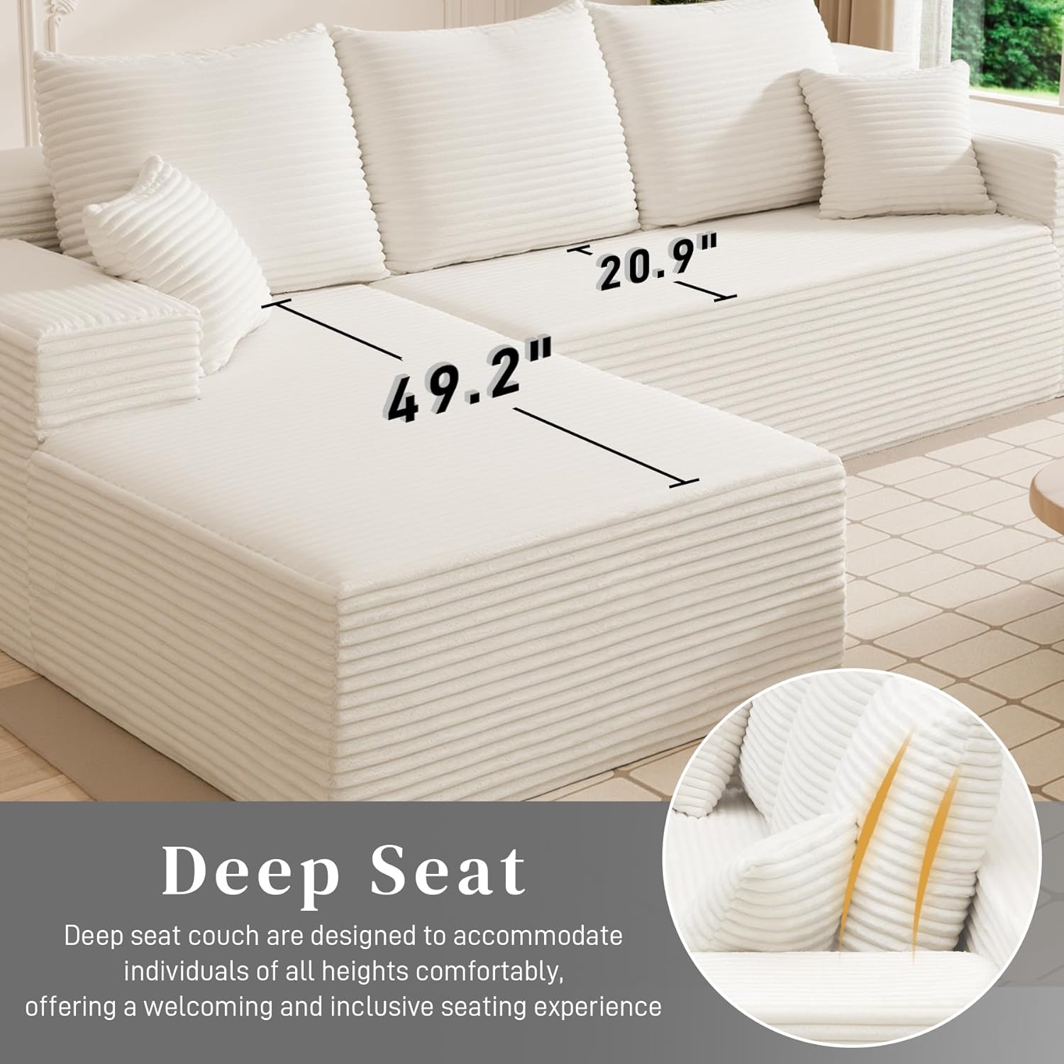HYJT-H&K Modular Sectional Sofa Cloud Sectional Couch, 107" Comfy Fluffy L Shaped Beige Couches for Living Room, Deep Seat Memory Foam Plush Corduroy Boneless Couch Sectionals Left Facing Chaise Sofa 107"+L Shaped Beige White+left Facing