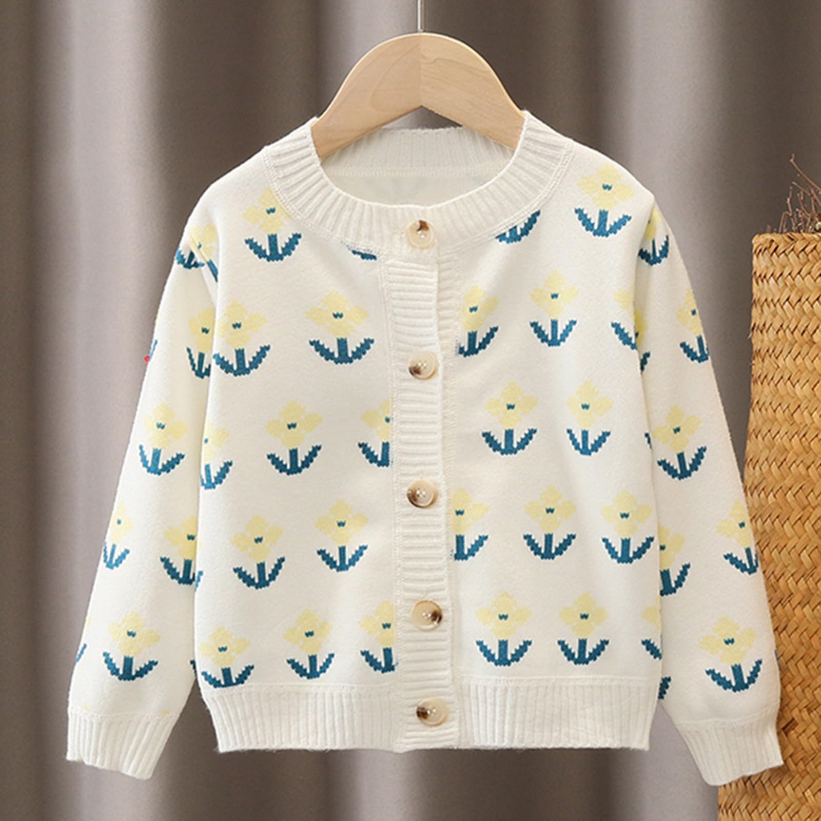 Cárdigan de punto para niña para primavera y otoño, diseño floral | Chaqueta de entretiempo para niña de punto con flores, cálida y ligera para temperaturas cambiantes
