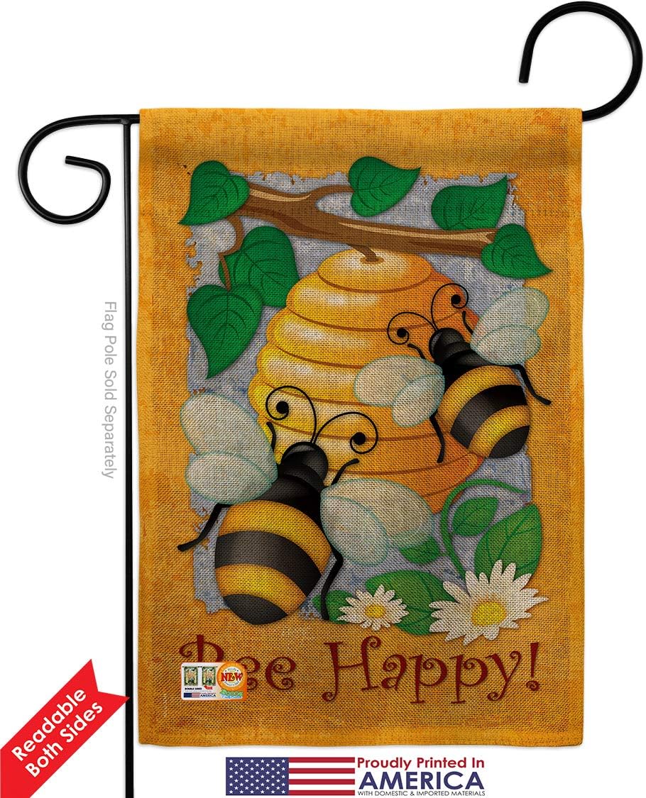 Bee Happy Burlap Garden Flag Friends Butterfly Ladybugs Dragonfly Springtime Insect Natural Wildlife Small Decorative Gift Yard House Banner Double-Sided Made In USA 13 X 18.5