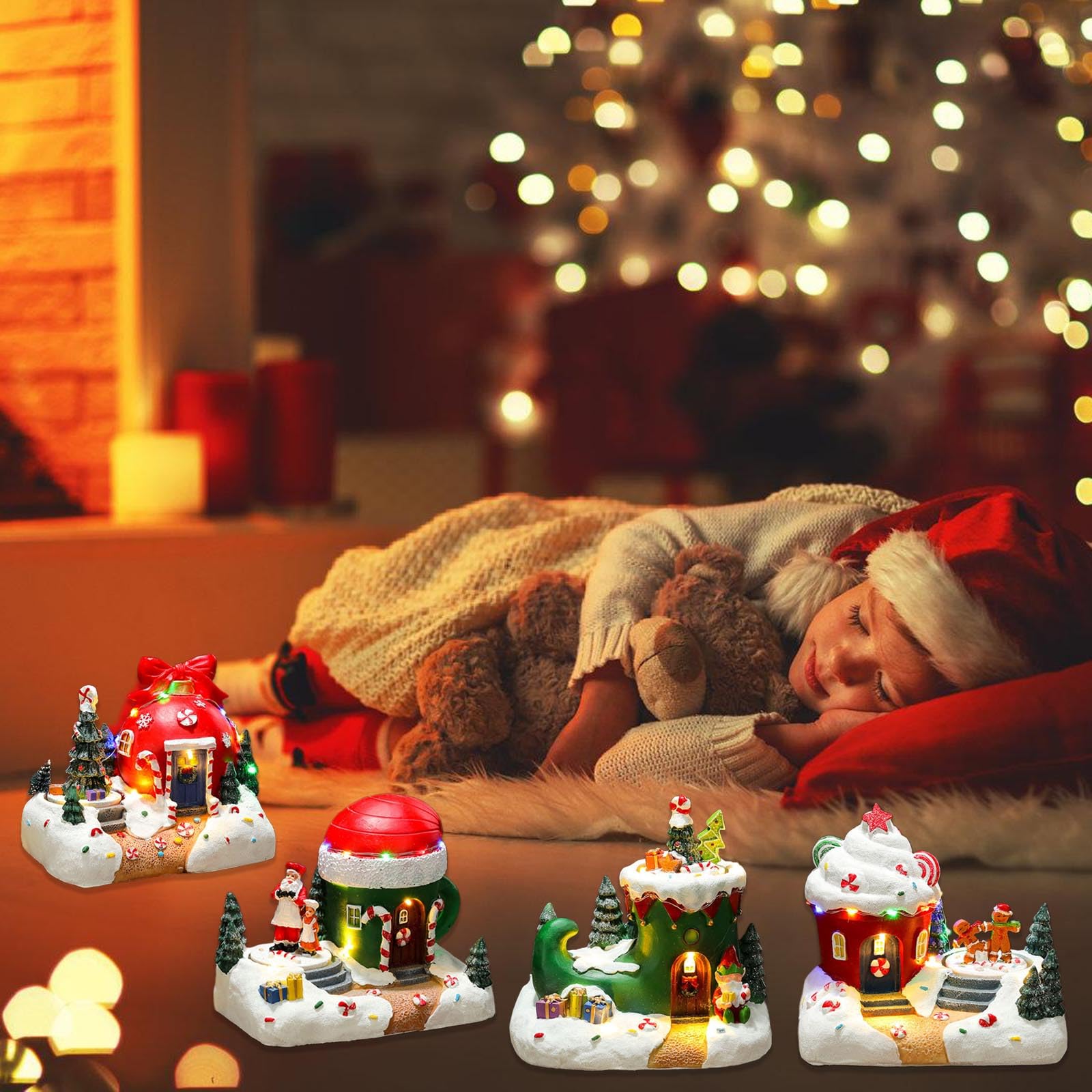 PANGBOER Decorazione musicale natalizia in resina a forma di casa del villaggio con luce a LED e statuette rotanti per feste di festa, decorazione da scrivania, decorazioni per le vacanze