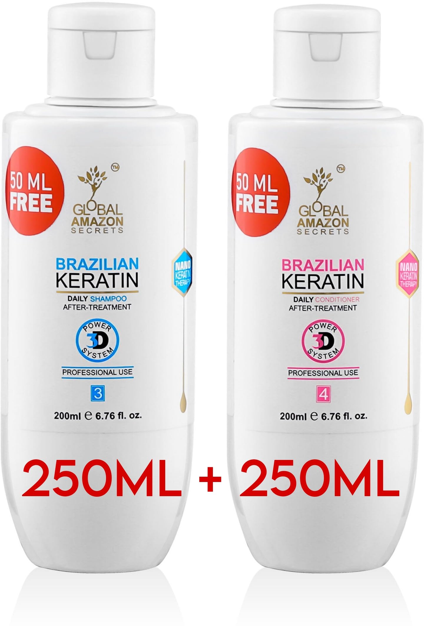 Global Amazon Secrets Brazilian Keratin Shampoo Conditioner | Professional Smoother-Shinier Damage free Hair | Deep nourishment | Controls Frizz | Pack of 2 (200ml each) 50ml extra