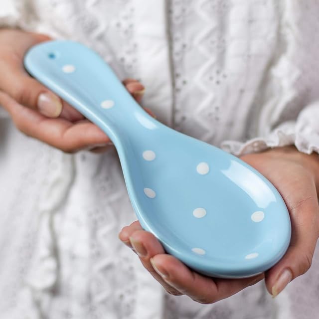 City to Cottage® Light Sky Blue and White Polka Dot Spotty Handmade Hand Painted Ceramic Kitchen Cooking Spoon Rest | Utensil Holder