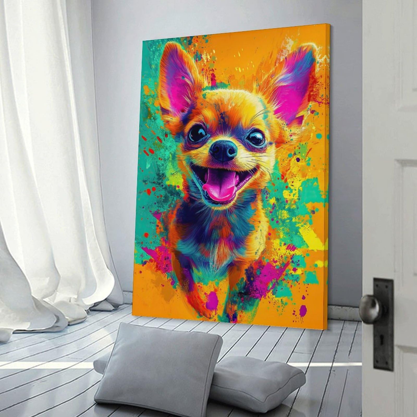 Junmoney Colorful Chihuahua Portrait Wall Picture Print 24x36inch(60x90cm), for Corridors, Hallways Or Apartment Entries, Decorative Canvas Styling for Entry Areas
