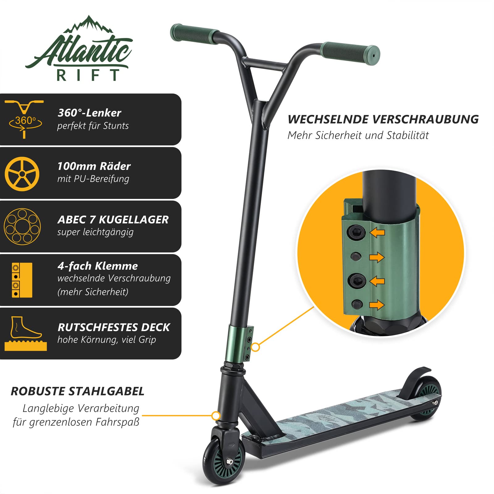 Patinete de Acrobacias Ruedas PU 100mm Manillar Y 360° Rodamientos ABEC 7 Scooter Adultos y Niños