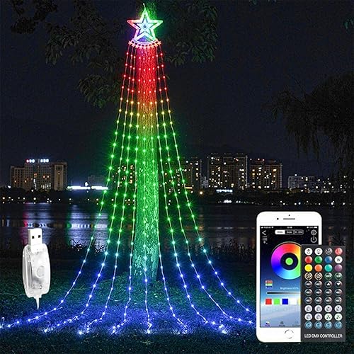 Miniatura 1 de RAYWAY Decoración de Navidad para exteriores, tira de luces de estrella, luces LED de árbol de cascada, luces de Navidad para interiores y