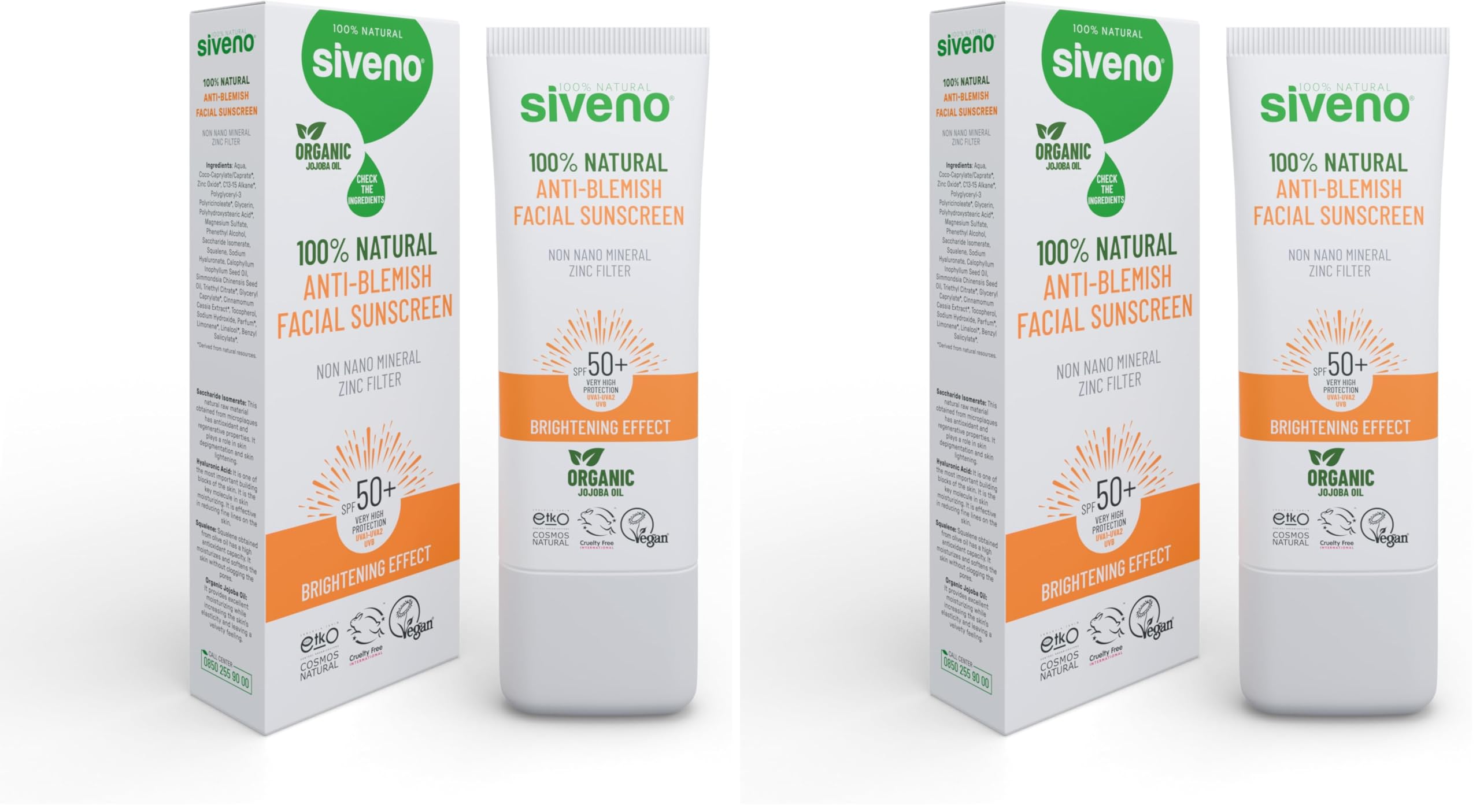 Siveno%100 Doğal Yüz Güneş Kremi Leke Karşıtı Aydınlatıcı Mineral Filtre UVA UVB SPF 50+ 30 ml (2 paketi)