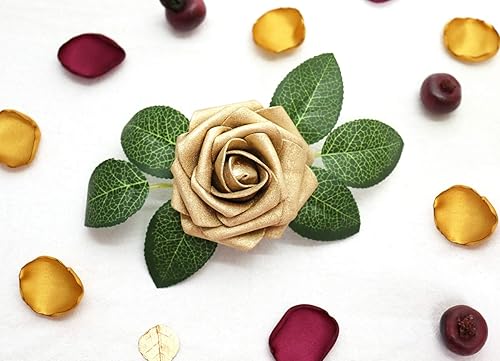 Miniatura 6 de 30 rosas artificiales de aspecto real con tallo para ramos de boda, centros de mesa, fiestas, baby shower, decoración del hogar (dorado)