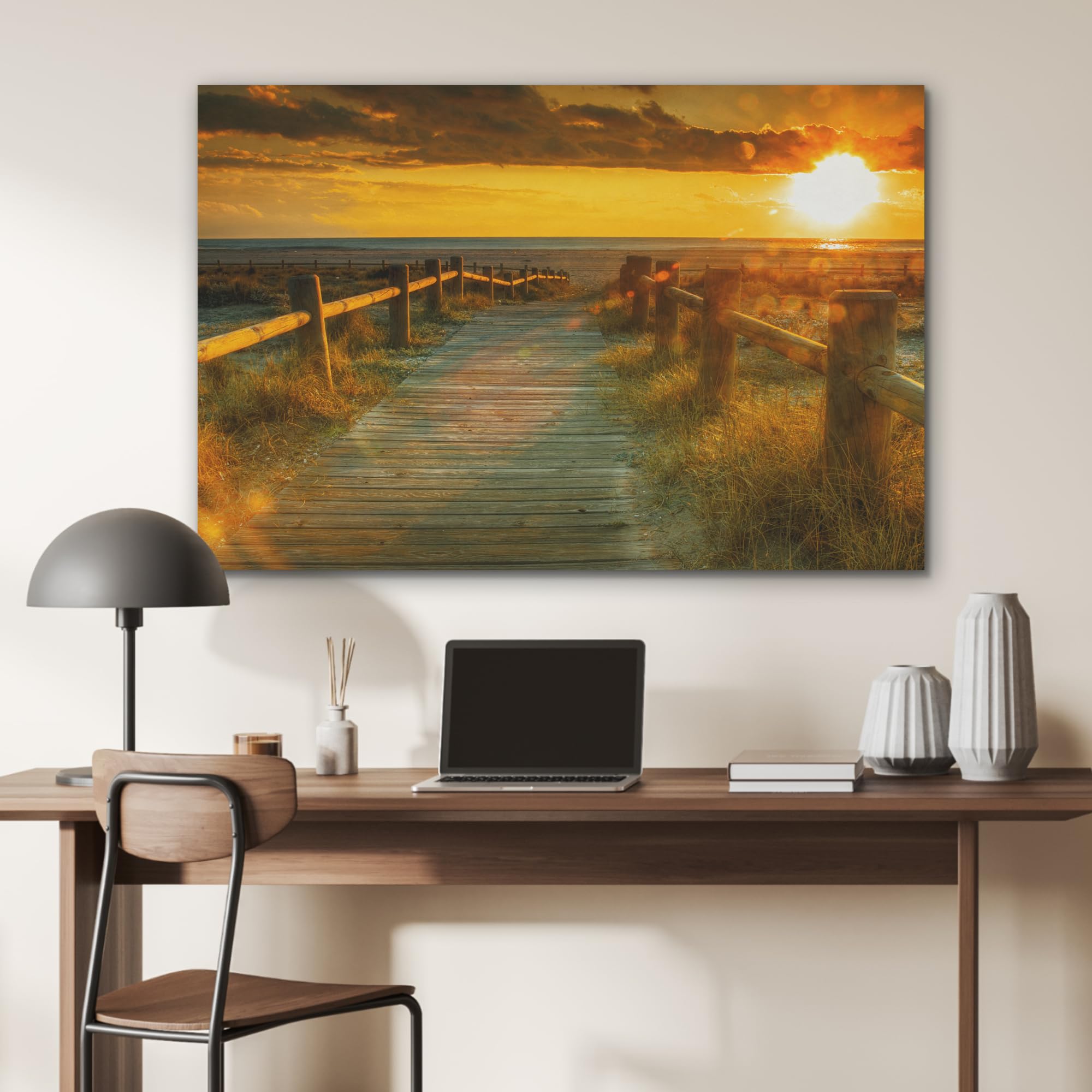 MuchoWow© Wandbilder aus Filz 100x70 cm Wohnzimmer Wanddeko Schlafzimmer Zimmerdeko Wandgemälde Zimmer Deko für die Wand Dekoration Wall Art Sonne - Strand - Düne - Horizont - Gras - Pfad