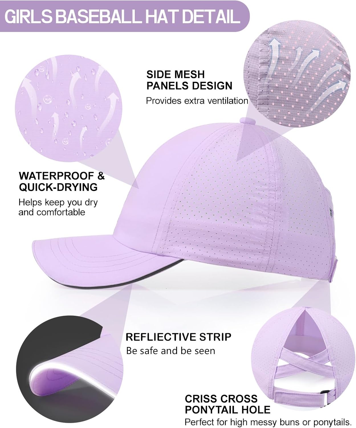 Little Girls Reflective Baseball Cap Criss Cross Ponytail Hat Kids Quick Dry Mesh Summer Sports Hat for Toddler Ages 3-8 - Image 6